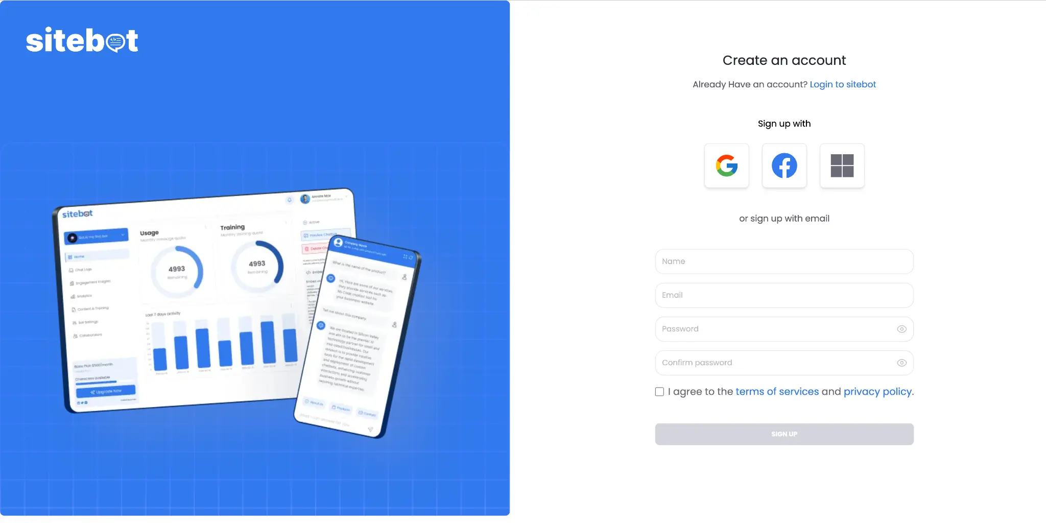 sitebot's sign up & login
